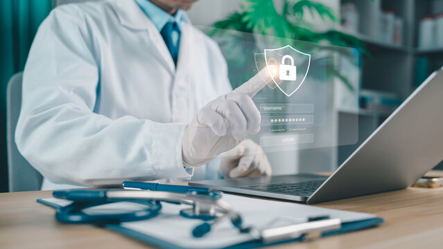 The doctor is using a laptop with a shield icon protecting against login, highlighting the security of medical data, cybersecurity, privacy protection, and secure access to healthcare.
