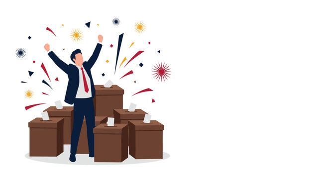Joyful businessman raising arms in celebration next to multiple ballot boxes represents election victory and political success.