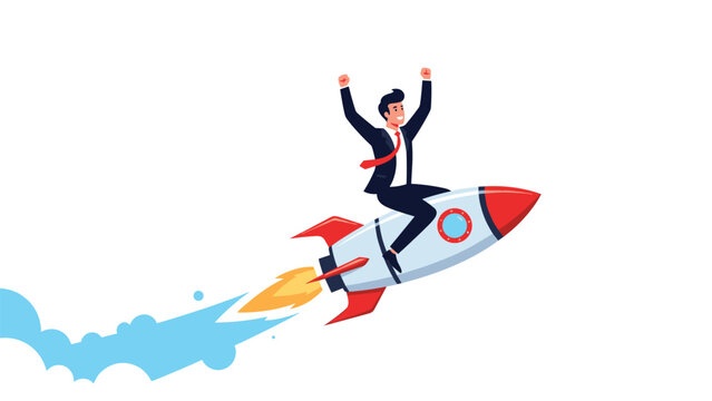 Excited businessman riding a fast-moving rocket into the white sky to symbolize rapid growth, startup launch, and career acceleration.