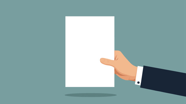 Close up of a hand in a formal business suit holding a blank white piece of paper for custom messages or contract placement.