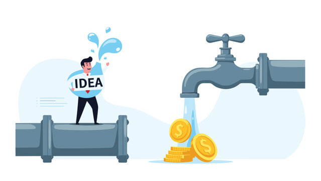 Businessman standing on a pipe with an idea sign while gold coins flow out of a giant faucet represents monetizing ideas.