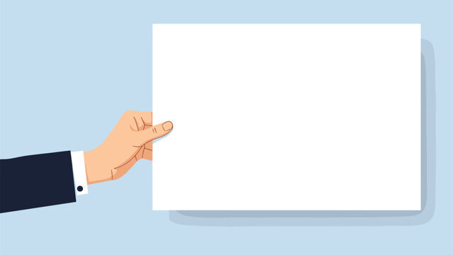 Businessman's hand holding a wide empty white paper sheet against a light blue background for customized advertising or announcements.