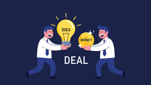 Two businessmen making a fair deal by exchanging a bright idea lightbulb for a gold coin representing investment and innovation.