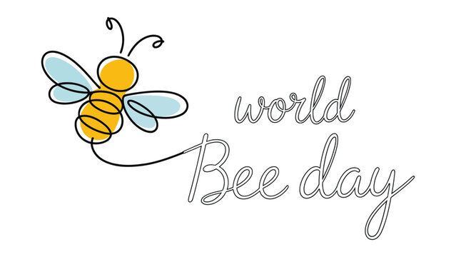 World Bee Day illustration with flying bee outline and elegant handwritten typography text on white background for environmental awareness design