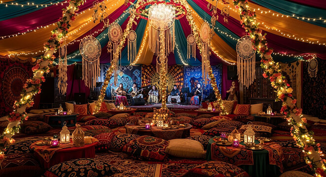 Elegant festive circus tent interior with performers and warm ambient lighting
