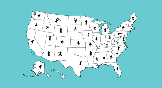 Map of the United States of America with various black silhouettes of people in different states representing national demographics.