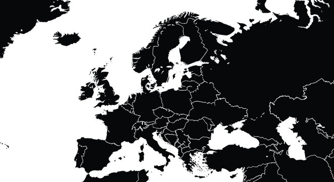 High contrast black and white map of the European continent with clearly defined national borders for each sovereign country.