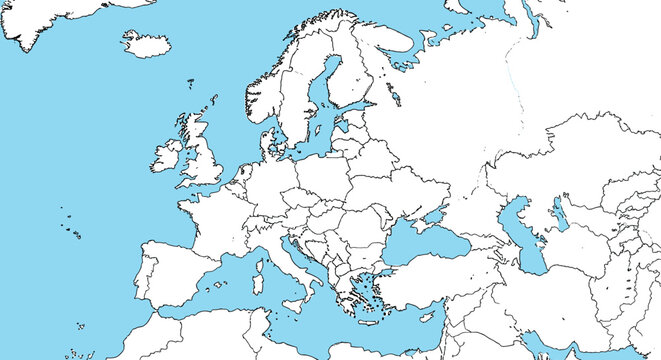 Simplified vector map of the European continent showing country borders in black outline against a light blue sea and white background.