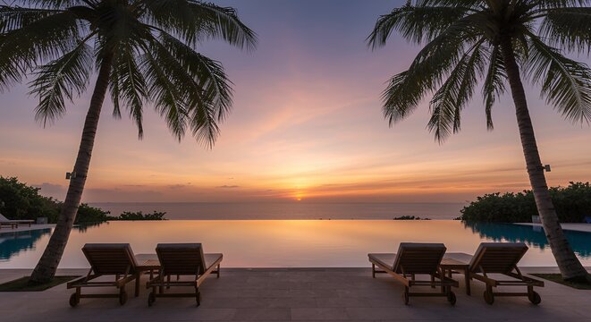 Sunset pool at tropical resort with palm trees and lounge chairs