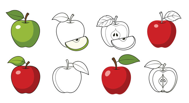 Collection of red and green apple illustrations showing whole fruits and slices in both full color and black and white line art styles.