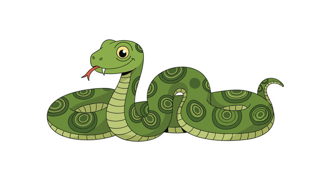 Friendly green cartoon snake with yellow circular patterns on its skin and a red tongue sticking out sitting on a white background.