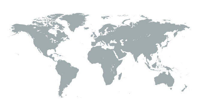 Flat silhouette map of the world in a solid gray color showing all major landmasses for global business or geographical presentations.