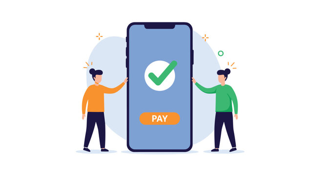 Two flat characters standing next to a giant smartphone with a green checkmark and an orange pay button for mobile payment concepts.