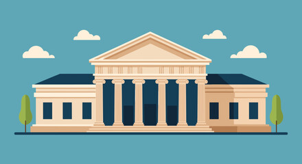 Obraz premium Flat illustration of classical government building with columns and wide steps against blue sky and clouds depicts bank or court.