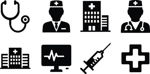 Fototapeta premium Healthcare icons set medical tools professionals and facilities in black silhouette style