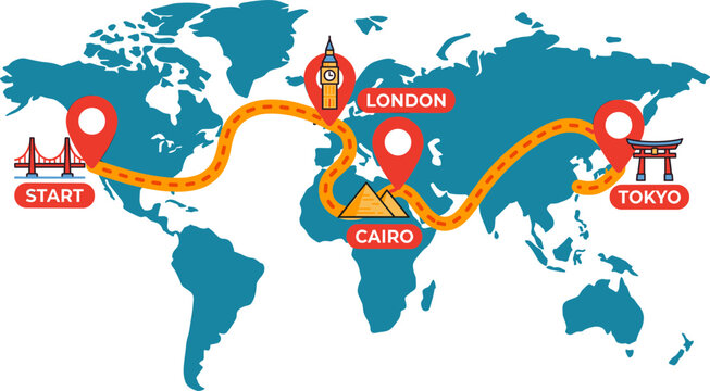 A world map displays a travel route from Tokyo to Cairo and London.