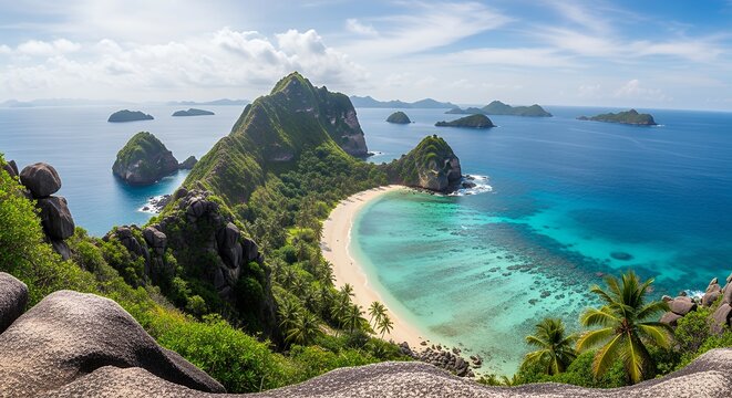 tropical island beach panorama turquoise water emerald cliffs
