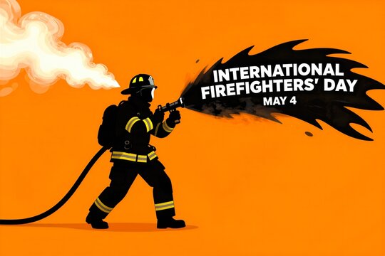 Digital Illustration Of Firefighter In Action Against Orange Background Main Subject From Side With Face Turned Slightly Towards Giving Clear View One Eye
