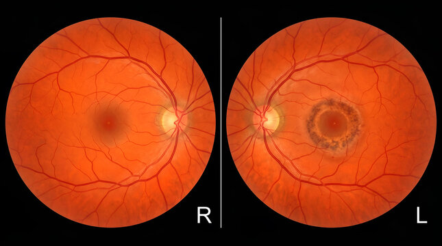 Illustrative comparison of a healthy human ocular fundus against one with significant macular pathology, highlighting retinal health differences