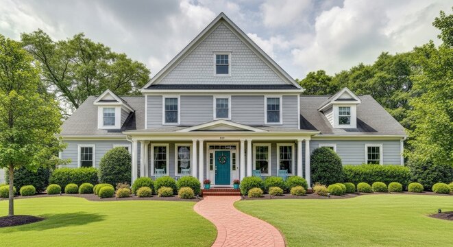 Grand victorian home with lush landscaping and a charming brick pathway