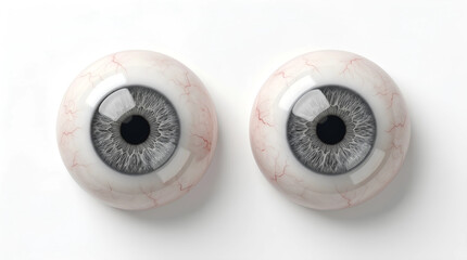Highly realistic pair of artificial human eyeballs featuring detailed grey irises and pupils, representing medical prosthetics or anatomical teaching aids, isolated on a stark white background © Yuliani