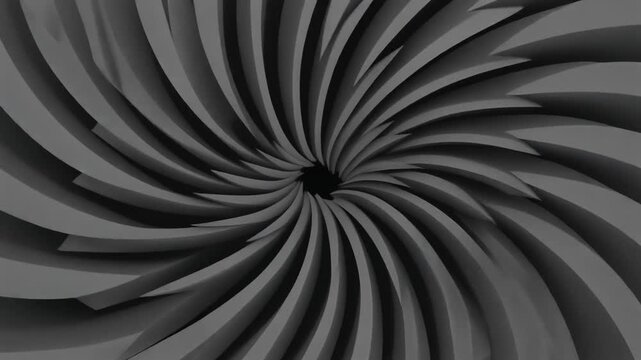 "Symmetrical spiral of dark gray blades radiating from center, resembling turbine structure with rotational geometry"