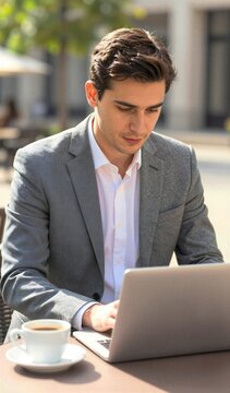 Young Adult Male Focused On Work Using Laptop Computer Outdoors Dressed In Business Casual Attire Wearing Gray Blazer White Shirt With Top Button