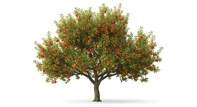 An apple tree laden with ripe, red and yellow fruits, isolated on a white background