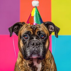 Naklejka premium A brown boxer dog wearing a colorful party hat on a multicolored background