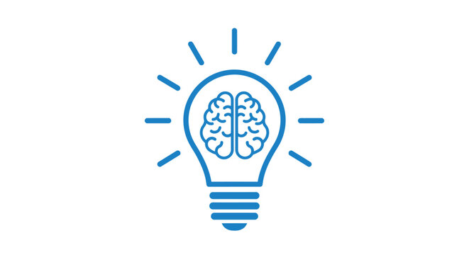 Blue vector graphic illustration of a lightbulb with a brain inside representing creative idea and innovation