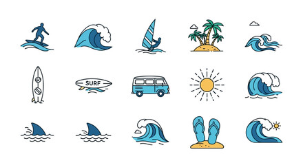 Surfing icons and beach symbols. © Mbah Suro