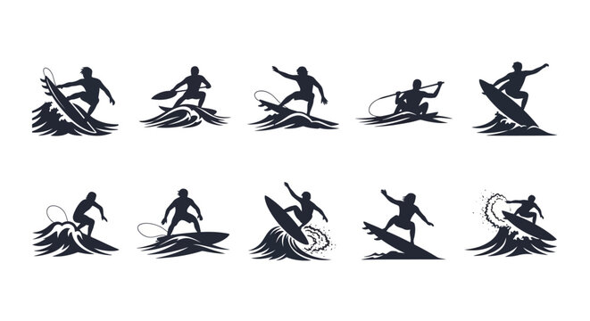 Silhouettes of surfers riding waves.