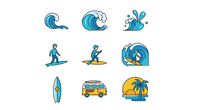 Surfing icons and symbols collection.