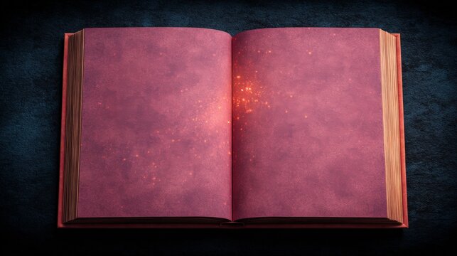 An open vintage book with blank maroon pages lies on a dark textured surface, illuminated softly to reveal subtle specks and aged edges, starry sky black background