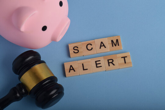 Piggy bank with judge gavel and &ldquo;scam alert&rdquo; text. Representing financial fraud warning, consumer protection, legal action, and online scam awareness concept.