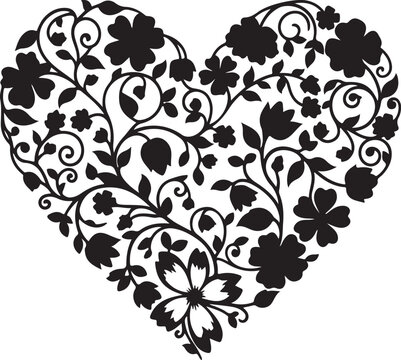 Black heart shape, floral pattern, vector illustration, love symbol, decorative design