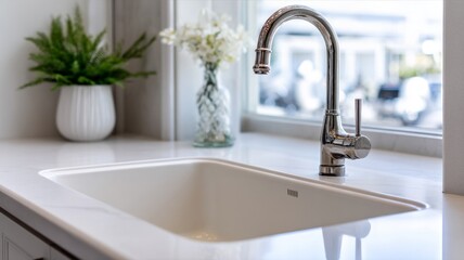 Fototapeta premium Elegant kitchen sink with modern faucet in bright lighting. AI generated