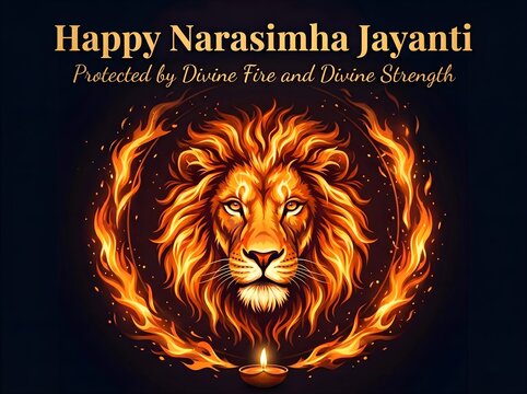 Vibrant narasimha jayanti celebration with fiery lion illustration and golden text on dark background