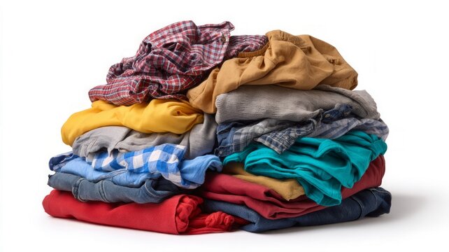 Vibrant stack of clothes on white background. AI generated