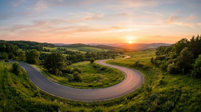 Winding country road at sunset over rolling hills landscape