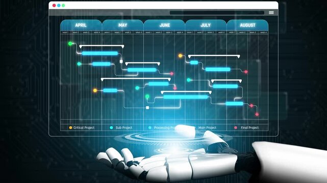 Futuristic robotic hand presenting digital project timeline on screen with colorful task indicators for efficient project management visualization Sigmoid