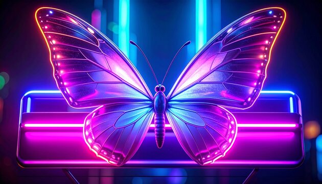 Glowing butterfly in vivid pink and purple wings, framed by neon rectangle, cyberpunk urban backdrop with blurred lights, blending nature&rsquo;s elegance and futuristic digital illumination.