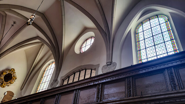 Top view of a religious temple ceiling with medieval Gothic finishes and hyperbolic arches