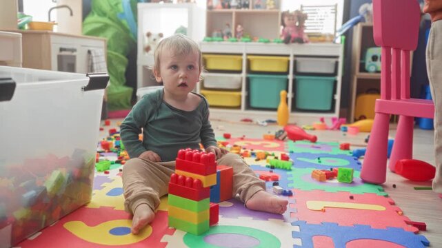 Boy sitting on alphabet foam mat playing with stacked colorful blocks, bare foot visible, surrounded by scattered toys and storage bins in a playroom; childhood curiosity.