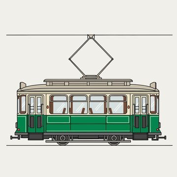 Vintage tram car illustration with pantograph on overhead wire