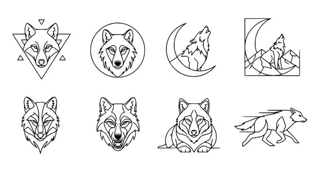 Modern wolf monoline logo vector set with abstract wolf head howling wolf emblem and geometric minimalist designs
