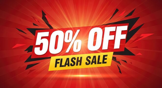 A vibrant red background with a 50 percent off flash sale advertisement