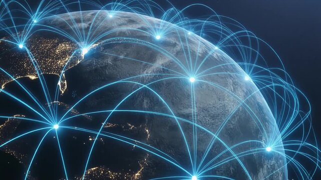 "View of Earth from space with glowing lines and points, symbolizing global communication and connectivity"