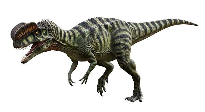 A detailed, realistic illustration of a Dilophosaurus, a bipedal theropod dinosaur with distinctive double crests and striped skin.