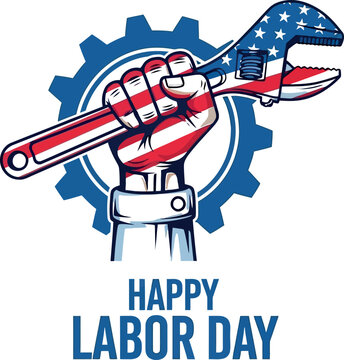 Human hand with American flag pattern holding a wrench, celebrating Happy Labor Day.
